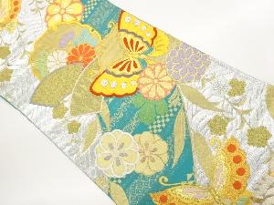 リサイクル　高島織物製　雪輪・地紙に蝶・花々模様織出し全通袋帯